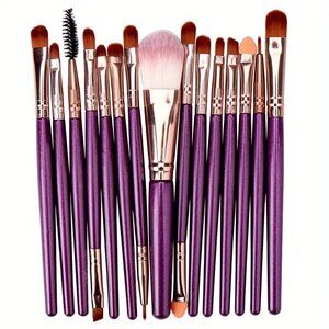NWT Purple 15 Pc Portable Soft Makeup Brush Kit For EyeShadow Foundation
